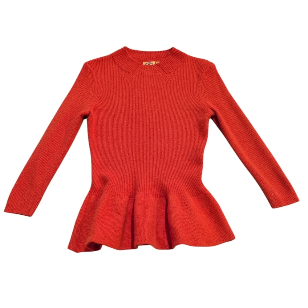 Tory Burch Bright Red Ribbed Peplum Crew Neck Sweater